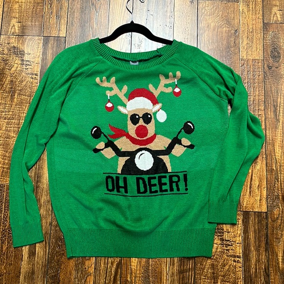 Reindeer on a Motorcycle Christmas sweater “Oh Deer” - Picture 1 of 3